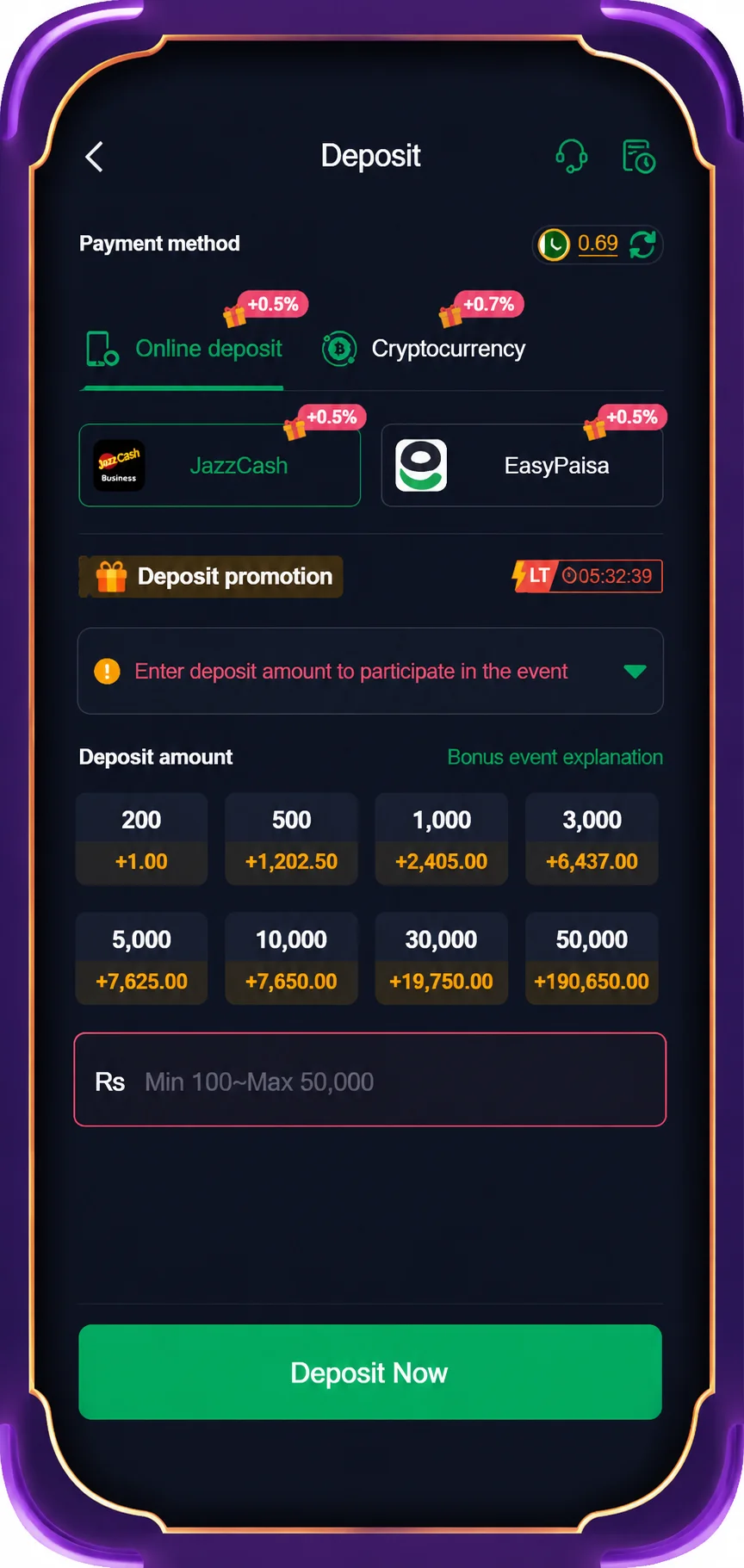 Z78 Game deposit screen showing JazzCash and EasyPaisa payment method options
