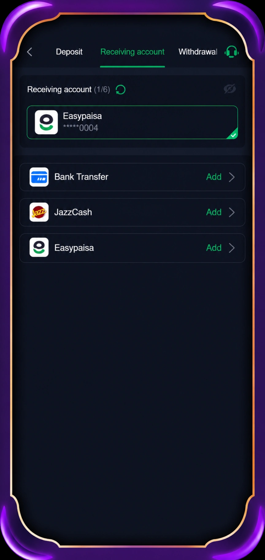 Z78 Game withdrawal receiving account screen with EasyPaisa, JazzCash, and Bank Transfer options